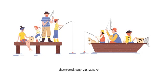 Family fishing together from boat and bridge, flat vector illustrations set isolated on white background. Summer family joint hobby and outdoor leisure activity.