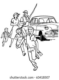 Family Fishing Trip - Retro Clipart Illustration