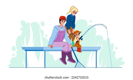 family fishing vector. father lake, summer son, outdoors river, nature boy, childhood rod, man water family fishing character. people flat cartoon illustration