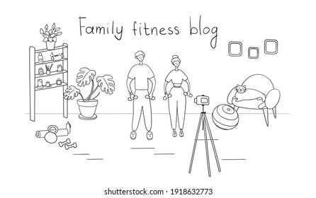Family fitness blog. Bloggers are recording content for their video blog. Athletes are broadcasting to their subscribers with camera on tripod. Fitness and healthy lifestyle concept. Vector