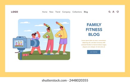 Family fitness blog concept. Father, mother and child exploring internet. Showing family workout routine on camera, promoting health and togetherness. Active living through lens. Vector illustration