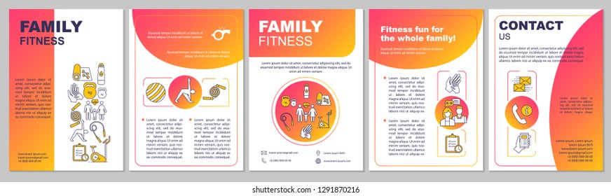 Family fitness center brochure template. Gym membereship. Flyer, booklet, leaflet print design. Physical exercises. Workout. Healthy lifestyle. Vector page layouts for magazines, reports, posters