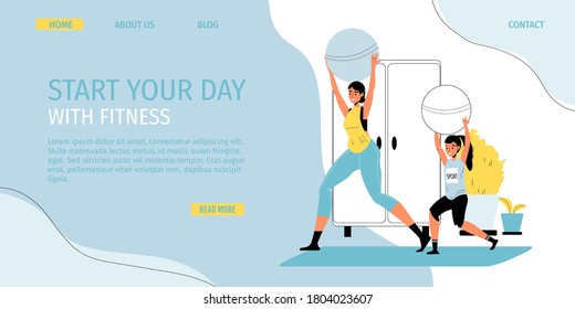 Family fitness daily sport activity, leisure lifestyle, time at home. Happy mother daughter do workout exercise using fitball. Healthy lifestyle indoor during quarantine. Promo landing page design