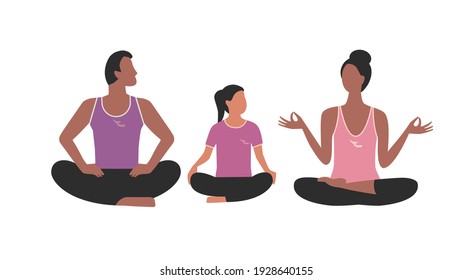 Family Fitness Exercises simple flat icon isolated. Mother, father, daughter doing yoga in lotus position cartoon design. Family yoga practice phisical activity. Healthy lifestyle vector illustration