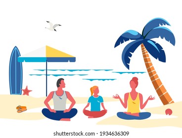 Family Fitness Exercises simple flat icon isolated. Mother, father, daughter doing yoga on seaside beach cartoon. Family fit outdoor phisical activity. Healthy lifestyle new normal vector illustration