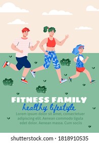 Family fitness and healthy lifestyle poster with cartoon running mother, father and daughter, flat vector illustration. Sport activity for parents and children.