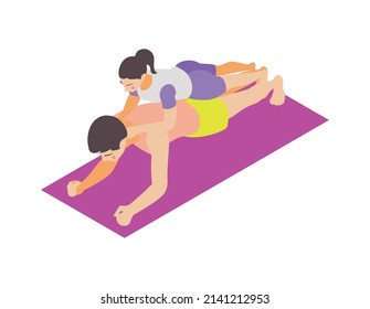 Family fitness icon with father and daughter doing plank exercise together isometric vector illustration