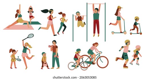 Family fitness icon set with isolated characters of teenage kids parents doing different kinds of sports vector illustration
