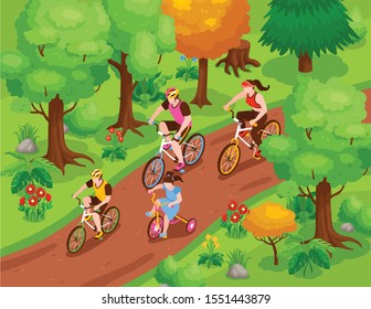 Family fitness isometric background with bicycle riding with parents and children vector illustration