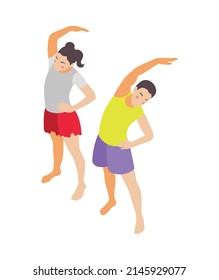 Family fitness isometric icon with brother and sister doing exercises together vector illustration