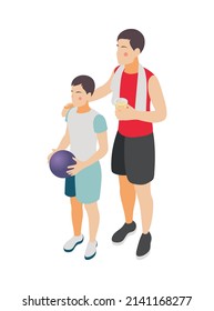 Family fitness isometric icon with father and son doing sport together playing ball 3d vector illustration