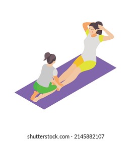 Family fitness isometric icon with woman and girl working out abs together 3d vector illustration