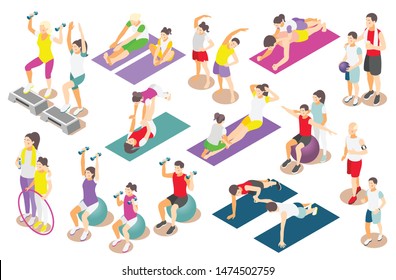 Family fitness isometric icons set of adult and rid persons performing physical exercises together isolated vector illustration
