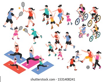 Family fitness isometric set with bicycle yoga and football isolated vector illustration