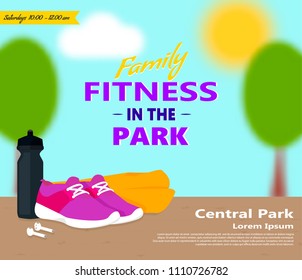Family fitness in the park ad, poster or flyer template with sneakers, headphones and a towel. Summer recreation and health lifestyle fitness concept.