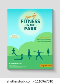 Family fitness in the park ad, poster or flyer template with people doing yoga, running and playing with ball. Summer recreation and health lifestyle fitness concept.