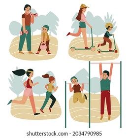 Family fitness set of three compositions with outdoor sceneries and characters of parents practicing with children vector illustration