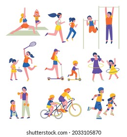 Family fitness sport set of isolated icons with characters of children practicing with parents gymnastic apparatus vector illustration