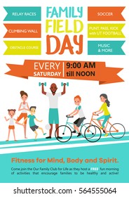 Family fitness template with active healthy sport parents and children in flat style vector illustration