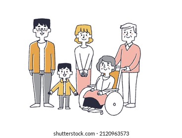 Family of five Comical handwritten person illustrations Vector line drawing with simple coloring White background