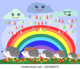 A family of five cute cartoon hedgehogs near a seven-colored rainbow under a rain of rain on a spring, summer day