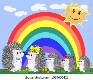 A family of five cute cartoon hedgehogs near a seven-colored rainbow on a spring, summer day
