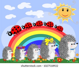 A family of five cute cartoon hedgehogs and a family of five ladybirds on a seven-color rainbow on a spring, summer day