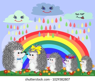 A family of five cute cartoon hedgehogs near a seven-colored rainbow under a rain of rain on a spring, summer day