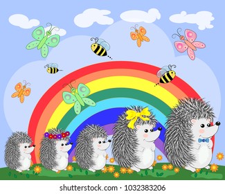 A family of five cute cartoon hedgehogs near a seven-colored rainbow on a spring, summer day