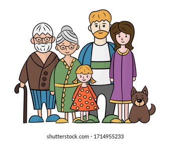 Family of five: grandma, grandpa, mom, dad, daughter and dog, isolate on a white background. Vector illustration