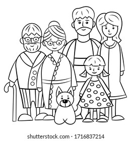 Family Of Five: Grandma, Grandpa, Mom, Dad, Daughter And Dog, Coloring Page For Children And Adults. Vector Illustration