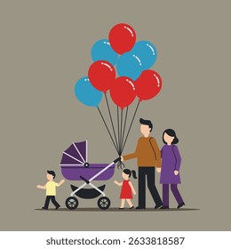 A family of five, including a baby stroller, walks together with colorful balloons.