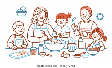 A family of five joyfully preparing a meal together; Children learning cooking skills from their parents; Focus on togetherness and family bonding