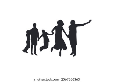 The family of five jumped into the air. Concept of joy and togetherness.