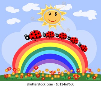 A family of five ladybirds creeps along a seven-color rainbow under the sun on a spring, summer day