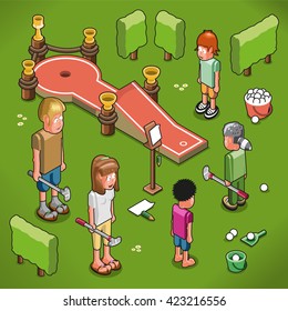 Family of five playing outdoor mini golf (isometric view)