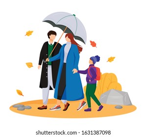 Family flat color vector faceless characters. Rainy and windy weather. Autumn nature. Couple with umbrella. Walking parents with child in coats isolated cartoon illustration on white background