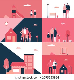 Family - flat design style conceptual illustration. Cartoon young parents in casual clothes with their kids in different situations, pregnant woman, children in a playground, houses. Social theme