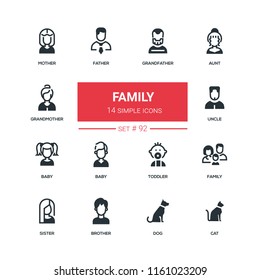 Family - flat design style icons set. High quality black solid pictograms on white background. Mother, father, grandmother, grandfather, aunt, uncle, baby, toddler, sister, brother, dog, cat