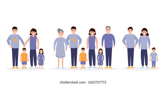 Family flat icons set. Illustration with parents and children isolated on white background. Wife, husband, mother, father, son, daughter, grandfather, grandmother, sister, brother