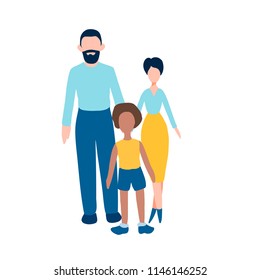 Family flat icons set - man, woman and afro American kid. Any child needs a family. Illustration about foster parents, children's home and adoption or school and unusual children. Children day card