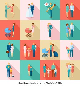 Family flat icons set with married couples parents and children isolated vector illustration