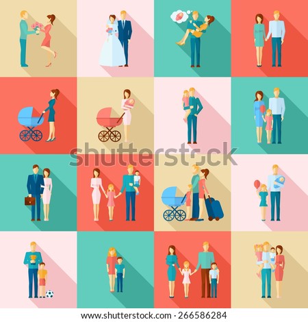 Family flat icons set with married couples parents and children isolated vector illustration