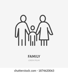 Family flat line icon. Vector outline illustration of man, woman and child. Black color thin linear sign for couple with kid.