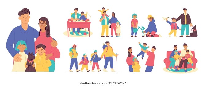 Family flat set with happy parents and children doing various leisure activities together isolated vector illustration