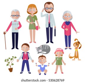 Family flat style concept with mom and dad children and grandparent pets and houseplant isolated vector illustration