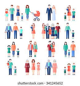 Family flat style images set with married couples parents and children isolated vector illustration