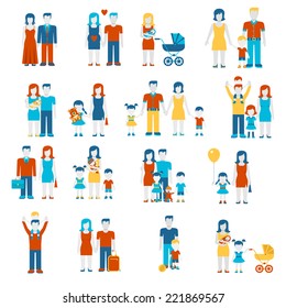 Family flat style people figures parenting parents children kids son daughter couple wife husband boy girl infant infographics user interface profile icons set isolated vector illustration collection