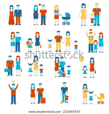 Family flat style people figures parenting parents children kids son daughter couple wife husband boy girl infant infographics user interface profile icons set isolated vector illustration collection