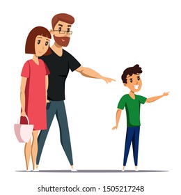 Family flat vector characters. Mother, father and son isolated clipart on white background. Smiling happy boy pointing with finger. Lady holding pink handbag. Young man wearing glasses